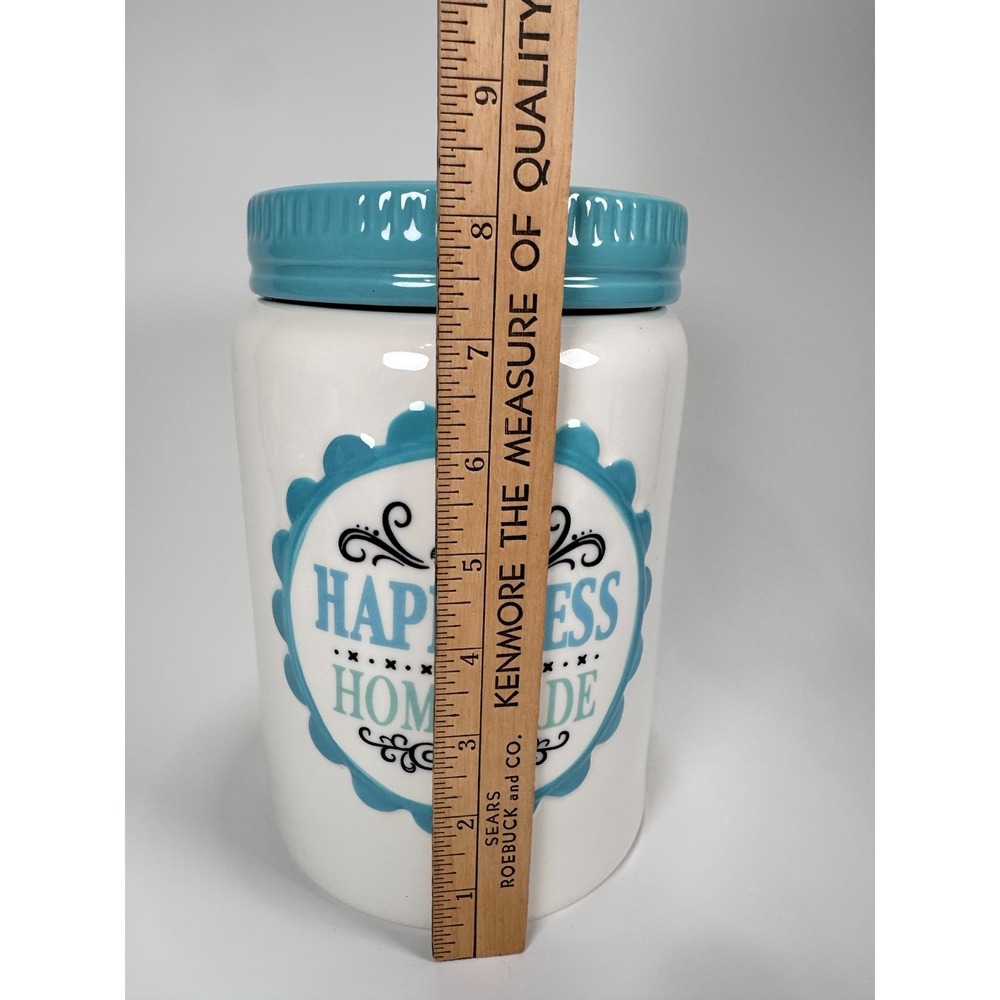 Cracker Barrel Cookie Jar 'Happiness is Homemade' Teal & White 8.5 x5.5" Baking - Picture 7 of 16